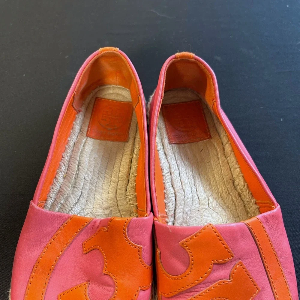 Tory Burch 6.5 Shaw Pink orange Leather Medallion Logo Espadrille Jute Flats